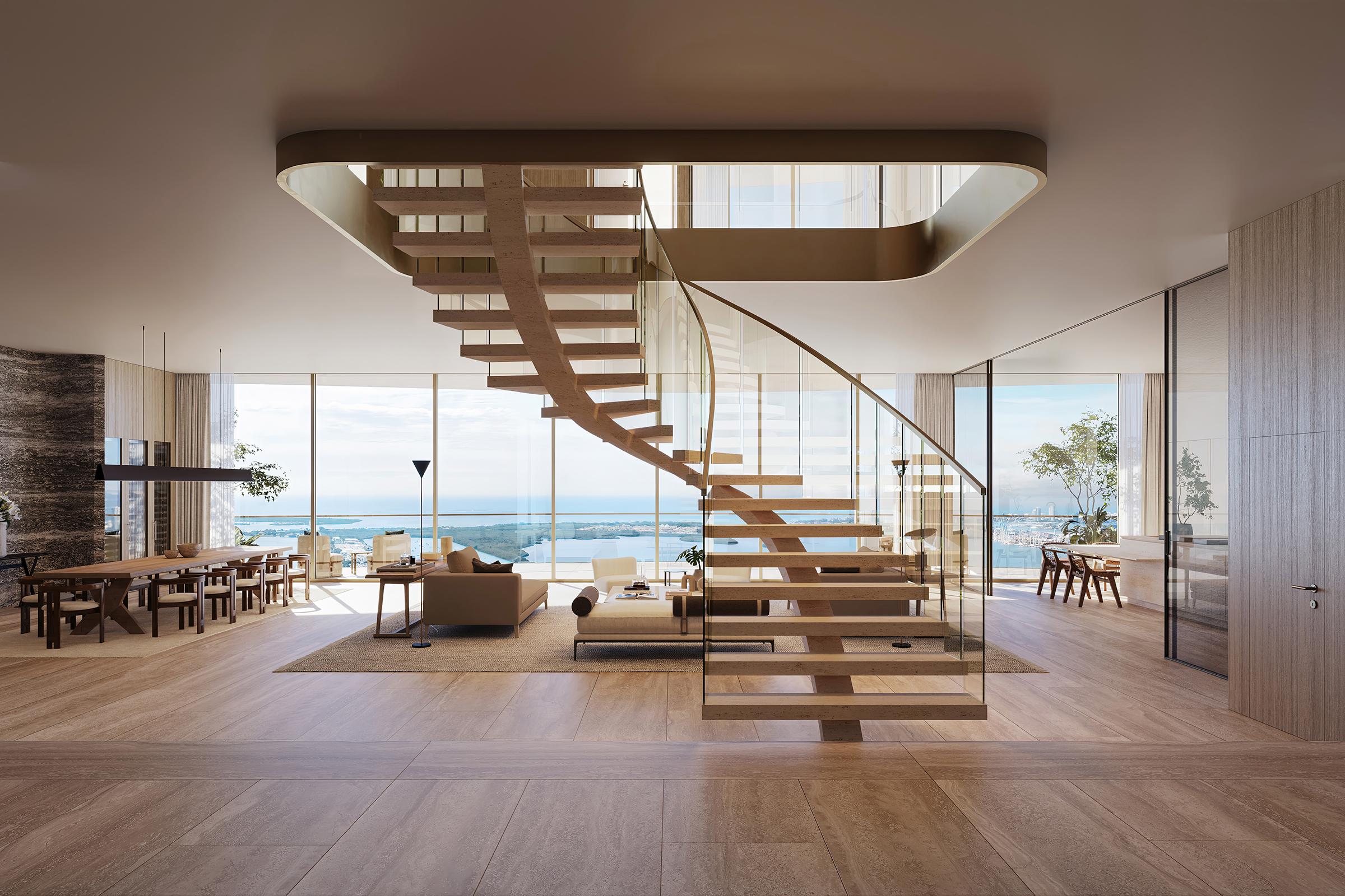 布里克尔1428号住宅的渲染图 Living Room Staircase